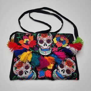 Handmade Mexican Embroidered Shoulder Bag Sugar Skull Day of the Dead Purse